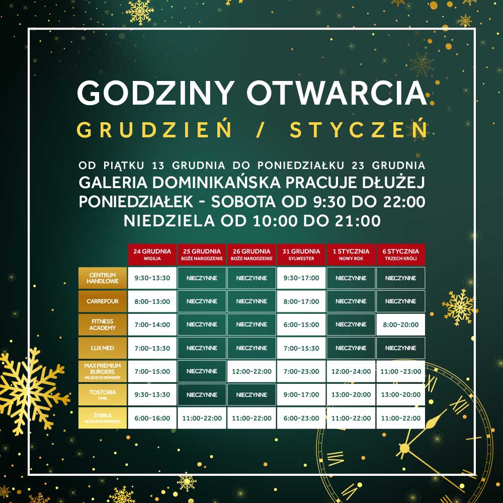 Świąteczne Godziny Otwarcia Centrum Handlowe Galeria Dominikańska 1167