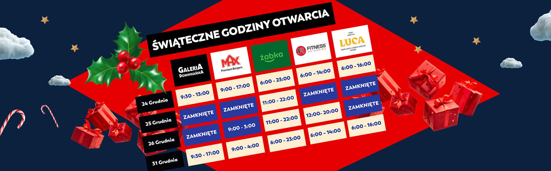 Świąteczny Rozkład Jazdy w Naszym Centrum – godziny otwarcia